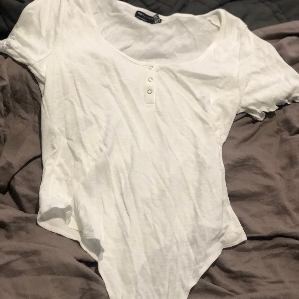 White ribbed Henley bodysuit